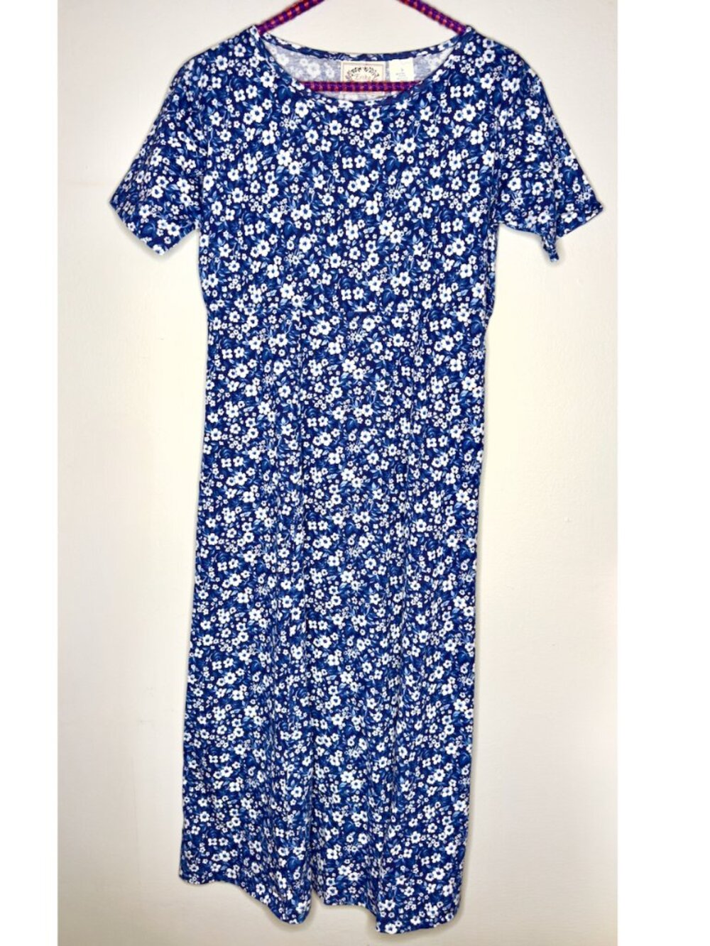 Vintage 80's Erika Blue Floral Maxi Dress Short Sleeve L